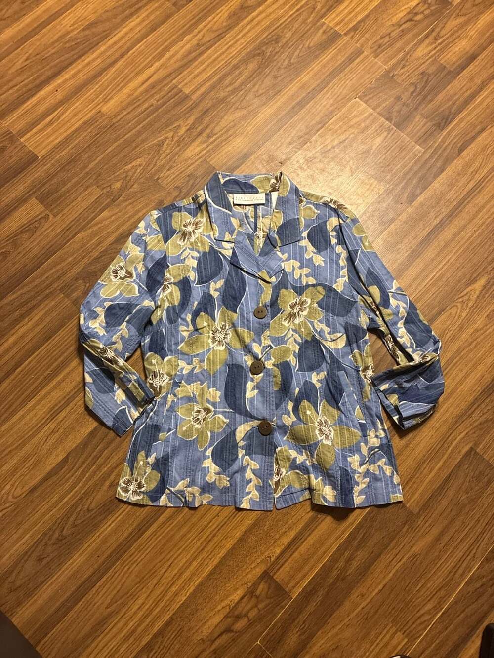 LIZ CLAIBORNE Women Blazer S Floral Button Front Blue Green 3/4 Sleeve Jacket